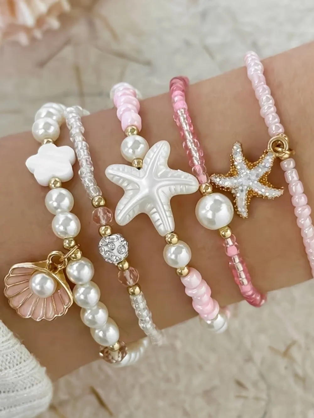5PC Pink Beaded Charm Bracelet Set